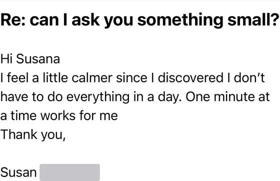Email from Susan: feeling calmer since discovering she does not have to do everything in a day.